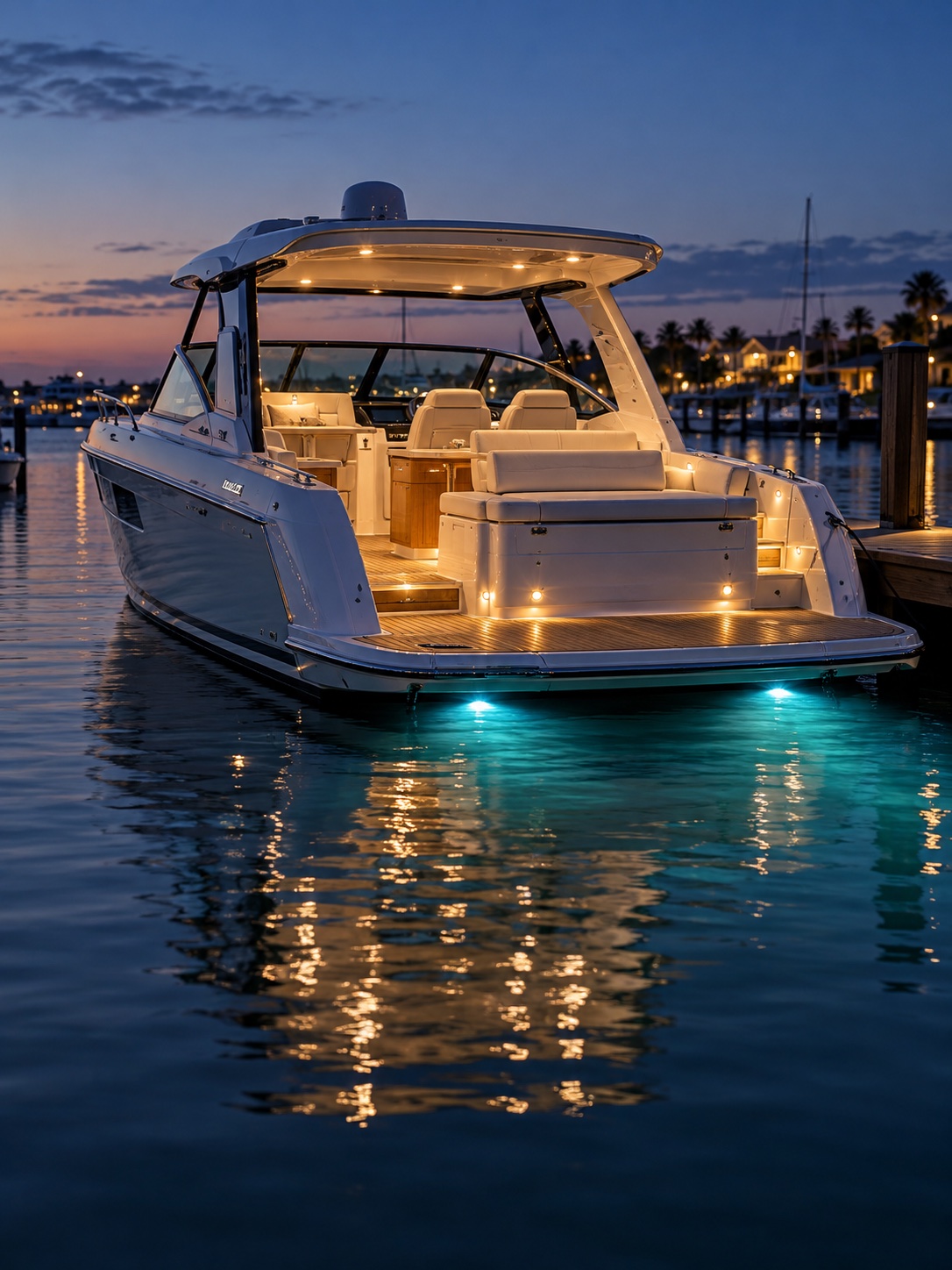 Boat at dusk with warm deck lights and blue underwater lighting